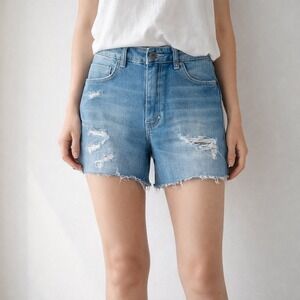 NEUW Women Blue Distressed High Waisted Denim Shorts Size 25 W25 Cut Off Raw Hem
